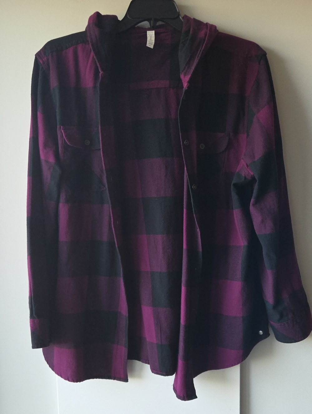 Women's Hooded Buffalo Plaid Button-Down Shirt - Purple/Black